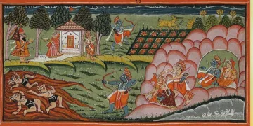 വിദേശത്തു പ്രചാരത്തിലുള്ള രാമായണ കഥാഗ്രന്ഥത്തിലെ ഒരു ചിത്രീകരണം. (പഞ്ചവടീ വാസത്തിന്റെ അവസാന കാലത്ത് രാമന്‍ ഖരദൂഷണത്രിശിരാക്കളെ നേരിടുന്നതാണ് ചിത്രത്തില്‍)