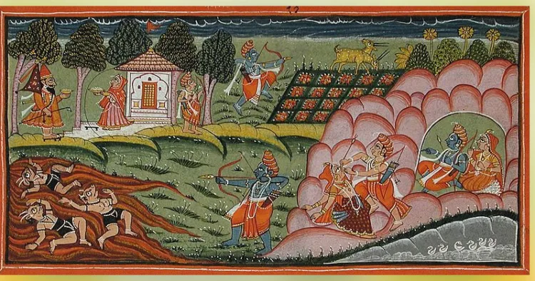 വിദേശത്തു പ്രചാരത്തിലുള്ള രാമായണ കഥാഗ്രന്ഥത്തിലെ ഒരു ചിത്രീകരണം. (പഞ്ചവടീ വാസത്തിന്റെ അവസാന കാലത്ത് രാമന് ഖരദൂഷണത്രിശിരാക്കളെ നേരിടുന്നതാണ് ചിത്രത്തില്)