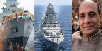 ഇന്ത്യന്‍ നാവികസേനയ്ക്ക് വേണ്ടി നിര്‍മ്മിച്ച യുദ്ധക്കപ്പലുകളായ ഐഎന്‍എസ് ഉദയഗിരിയും ഐഎന്‍സ് ഹിംഗിരിയും (ഇടത്ത്) രാജ് നാഥ് സിങ്ങ് (വലത്ത്)