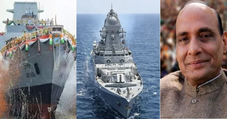 ഇന്ത്യന്‍ നാവികസേനയ്ക്ക് വേണ്ടി നിര്‍മ്മിച്ച യുദ്ധക്കപ്പലുകളായ ഐഎന്‍എസ് ഉദയഗിരിയും ഐഎന്‍സ് ഹിംഗിരിയും (ഇടത്ത്) രാജ് നാഥ് സിങ്ങ് (വലത്ത്)