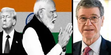 ജെഫ്രി സാക്സ് (വലത്ത്) ട്രംപ്, മോദി (ഇടത്ത്)