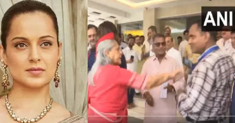 സെല്‍ഫിയെടുക്കാന്‍ ശ്രമിച്ച പ്രവര്‍ത്തകനെ ജയാ ബച്ചന്‍ മര്‍ദ്ദിക്കുന്നു (വലത്ത്) നടിയും ബിജെപി എംപിയുമായ കങ്കണ (ഇടത്ത്)