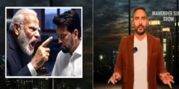 മഹേന്ദ്ര സിങ്ങ് എന്ന യൂട്യൂബര്‍ (വലത്ത്) മോദി അനുരാഗ് താക്കൂറിനെ ചീത്ത വിളിക്കുന്നതായി എഐയില്‍ സൃഷ്ടിച്ച ചിത്രം (ഇടത്ത്)