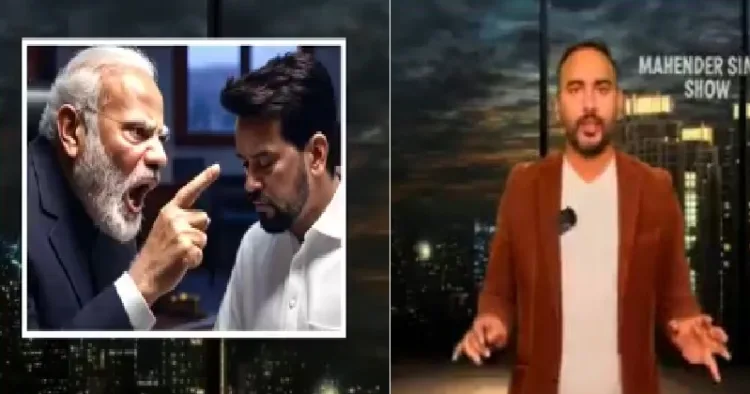 മഹേന്ദ്ര സിങ്ങ് എന്ന യൂട്യൂബര്‍ (വലത്ത്) മോദി അനുരാഗ് താക്കൂറിനെ ചീത്ത വിളിക്കുന്നതായി എഐയില്‍ സൃഷ്ടിച്ച ചിത്രം (ഇടത്ത്)