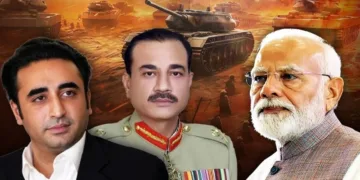 ബിലാവല്‍ ഭൂട്ടോ (ഇടത്ത്) അസിം മുനീര്‍ (നടുവില്‍) മോദി (വലത്ത്)