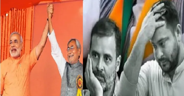 മോദിയും നിതീഷ് കുമാറും (ഇടത്ത്) രാഹുലും തേജസ്വി യാദവും (വലത്ത്)