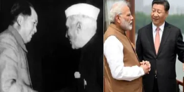 നെഹ്രുവും ചൈനയുടെ മാവോ സെതൂങ്ങും 1954ല്‍ നടത്തിയ കൂടിക്കാഴ്ച (ഇടത്ത്) മോദിയും ഷീ ജിന്‍പിങ്ങും നടത്തിയ കൂടിക്കാഴ്ച (വലത്ത്)