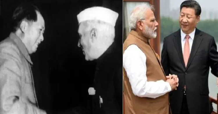 നെഹ്രുവും ചൈനയുടെ മാവോ സെതൂങ്ങും 1954ല്‍ നടത്തിയ കൂടിക്കാഴ്ച (ഇടത്ത്) മോദിയും ഷീ ജിന്‍പിങ്ങും നടത്തിയ കൂടിക്കാഴ്ച (വലത്ത്)