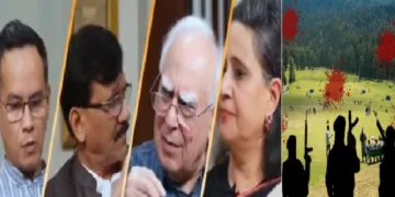 പഹല്‍ഗാം ഭീകരര്‍ കലിമ ചൊല്ലാന്‍ പറഞ്ഞില്ലെന്ന അവകാശവാദവുമായി രംഗത്ത് വന്ന പ്രതിപക്ഷ എംപിമാരായ അസം കോണ്‍ഗ്രസ് എംപി ഗൗരവ് ഗൊഗോയി, ഉദ്ധവ് താക്കറെ പക്ഷം എംപിയായ സഞ്ജയ് റാവത്ത് , കപില്‍ സിബല്‍, ജേണലിസ്റ്റ് രാജ് ദീപ് സര്‍ദേശായിയുടെ ഭാര്യയും എംപിയുമായ സാഗരിക ഘോഷ് എന്നിവര്‍.(ഇടത്ത്) പഹല്‍ഗാം ഭീകരര്‍ (വലത്ത്)