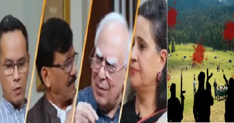 പഹല്‍ഗാം ഭീകരര്‍ കലിമ ചൊല്ലാന്‍ പറഞ്ഞില്ലെന്ന അവകാശവാദവുമായി രംഗത്ത് വന്ന പ്രതിപക്ഷ എംപിമാരായ അസം കോണ്‍ഗ്രസ് എംപി ഗൗരവ് ഗൊഗോയി, ഉദ്ധവ് താക്കറെ പക്ഷം എംപിയായ സഞ്ജയ് റാവത്ത് , കപില്‍ സിബല്‍, ജേണലിസ്റ്റ് രാജ് ദീപ് സര്‍ദേശായിയുടെ ഭാര്യയും എംപിയുമായ സാഗരിക ഘോഷ് എന്നിവര്‍.(ഇടത്ത്) പഹല്‍ഗാം ഭീകരര്‍ (വലത്ത്)