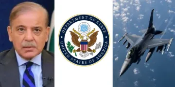 പാകിസ്ഥാന്‍ പ്രധാനമന്ത്രി ഷെഹ്ബാസ് ഷെരീഫ് (ഇടത്ത്) യുഎസ് സ്റ്റേറ്റ് ഡിപാര്‍ട് മെന്‍റ് (നടുവില്‍) അമേരിക്കയുടെ എഫ് 16 യുദ്ധവിമാനം (വലത്ത്)