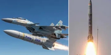 കരയില്‍ നിന്നും തൊടക്കാവുന്ന പ്രളയ് മിസൈല്‍ (വലത്ത്) സുഖോയ് യുദ്ധവിമാനത്തില്‍ നിന്നും തൊടുക്കുന്ന പ്രളയ് മിസൈല്‍ (വലത്ത്)