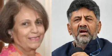 മൈസൂര്‍ രാജകുടുംബത്തിലെ മുതിര്‍ന്ന അംഗം പ്രമോദദേവി വാഡിയാര്‍ (ഇടത്ത്) കര്‍ണ്ണാടക കോണ്‍ഗ്രസ് ഉപമുഖ്യമന്ത്രി ഡി.കെ. ശിവകുമാര്‍ (വലത്ത്)