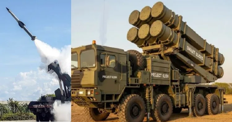പ്രൊജക്ട് കുശ (വലത്ത്) പ്രൊജക്ട് കുശയില്‍ നിന്നും ശത്രുവിന്‍റെ ഡ്രോണുകള്‍ക്കും മിസൈലുകള്‍ക്കും യുദ്ധജെറ്റുകള്‍ക്കും നേരെ കുതിയ്ക്കുന്ന മിസൈല്‍ (ഇടത്ത്)