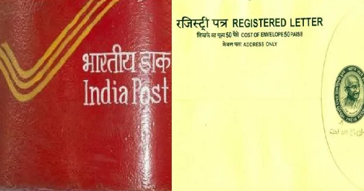 പണ്ട് തപാല്‍ വകുപ്പ് രജിസ്റ്റേഡ് കത്തയയ്ക്കാന്‍ ഇറക്കിയിരുന്ന തപാല്‍ കവര്‍ (വലത്ത്)