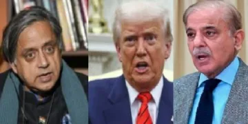 ശശി തരൂര്‍ (ഇടത്ത്) ട്രംപ് (നടുവില്‍) പാക് പ്രധാനമന്ത്രി ഷെഹ്ബാസ് ഷെരീഫ് (വലത്ത്)