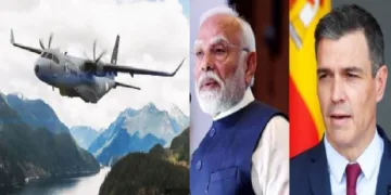 സ്പെയിനില്‍ നിന്നും ഇന്ത്യയില്‍ എത്തിയ 16 സി295 കാര്‍ഗോ ഹെലികോപ്റ്ററുകളില്‍ ഒന്ന് (ഇടത്ത്) സ്പെയിന്‍റെ പ്രധാനമന്ത്രി പെഡ്രൊ സാഞ്ചെസ് (വലത്ത്)