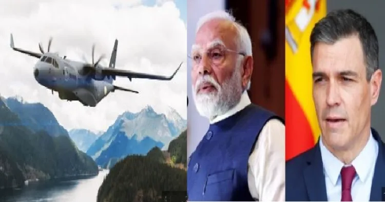 സ്പെയിനില്‍ നിന്നും ഇന്ത്യയില്‍ എത്തിയ 16 സി295 കാര്‍ഗോ ഹെലികോപ്റ്ററുകളില്‍ ഒന്ന് (ഇടത്ത്) സ്പെയിന്‍റെ പ്രധാനമന്ത്രി പെഡ്രൊ സാഞ്ചെസ് (വലത്ത്)