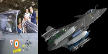 പ്രധാനമന്ത്രിയുടെ ഓഫീസിലെ പ്രിന്‍സിപ്പല്‍ സെക്രട്ടറിയായ പി.കെ. മിശ്ര തേജസ് എംകെ 2വിന്‍റെ നിര്‍മ്മാണപുരോഗതി വിലയിരുത്താന്‍ എച്ച് എ എല്ലിന്‍റെ ബെംഗളൂരു ഫാക്ടറി നേരിട്ട് സന്ദര്‍ശിച്ചപ്പോള്‍ (ഇടത്ത്) തേജസ് എംകെ2 പ്രോട്ടൊടൈപ് (വലത്ത്)