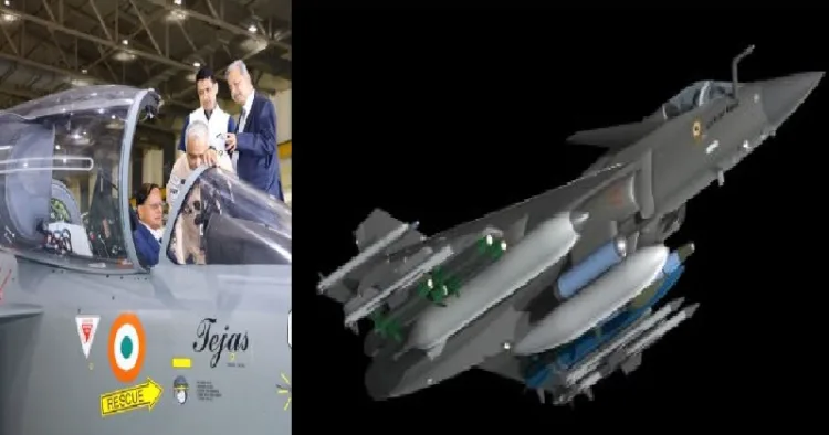 പ്രധാനമന്ത്രിയുടെ ഓഫീസിലെ പ്രിന്‍സിപ്പല്‍ സെക്രട്ടറിയായ പി.കെ. മിശ്ര തേജസ് എംകെ 2വിന്‍റെ നിര്‍മ്മാണപുരോഗതി വിലയിരുത്താന്‍ എച്ച് എ എല്ലിന്‍റെ ബെംഗളൂരു ഫാക്ടറി നേരിട്ട് സന്ദര്‍ശിച്ചപ്പോള്‍ (ഇടത്ത്) തേജസ് എംകെ2 പ്രോട്ടൊടൈപ് (വലത്ത്)