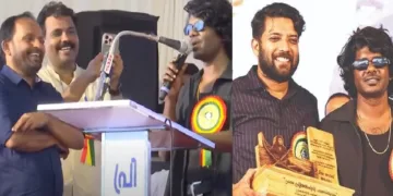 ടിഎന്‍ പ്രതാപനും വേടനും (ഇടത്ത്) ഷാഫി പറമ്പിലും വേടനും (വലത്ത്)- തളിക്കുളത്ത് നടന്ന പരിപാടിയുടെ ദൃശ്യങ്ങള്‍