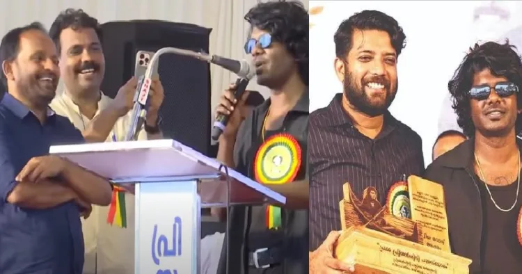 ടിഎന്‍ പ്രതാപനും വേടനും (ഇടത്ത്) ഷാഫി പറമ്പിലും വേടനും (വലത്ത്)- തളിക്കുളത്ത് നടന്ന പരിപാടിയുടെ ദൃശ്യങ്ങള്‍