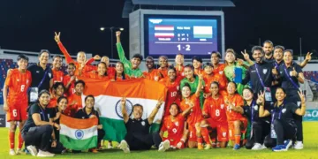 തായ്‌ലന്‍ഡിനെതിരായ മത്സരത്തില്‍ ജയിച്ച് എഎഫ്‌സി ഏഷ്യന്‍ കപ്പിന് യോഗ്യത നേടിയ ഭാരത വനിതാ ഫുട്‌ബോള്‍ ടീമിന്റെ ആഹ്ലാദം