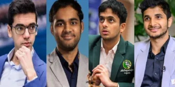 ഫിഡെ ഗ്രാന്‍റ് സ്വിസ് ചെസില്‍ ചാമ്പ്യനായ ഡച്ച് താരം അനീഷ് ഗിരി (ഇടത്ത്) അര്‍ജുന്‍ എരിഗെയ്സി, നിഹാല്‍ സരിന്‍, വിദിത് ഗുജറാത്തി (ഇടത്ത് നിന്നും വലത്തോട്ട്)