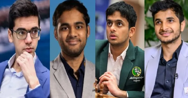 ഫിഡെ ഗ്രാന്‍റ് സ്വിസ് ചെസില്‍ ചാമ്പ്യനായ ഡച്ച് താരം അനീഷ് ഗിരി (ഇടത്ത്) അര്‍ജുന്‍ എരിഗെയ്സി, നിഹാല്‍ സരിന്‍, വിദിത് ഗുജറാത്തി (ഇടത്ത് നിന്നും വലത്തോട്ട്)