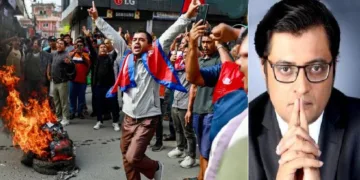 നേപ്പാളിലെ കലാപം (ഇടത്ത്) റിപ്പബ്ലിക് ടിവി ചാനല്‍ എഡിറ്റര്‍ അര്‍ണബ് ഗോസ്വാമി (വലത്ത്)