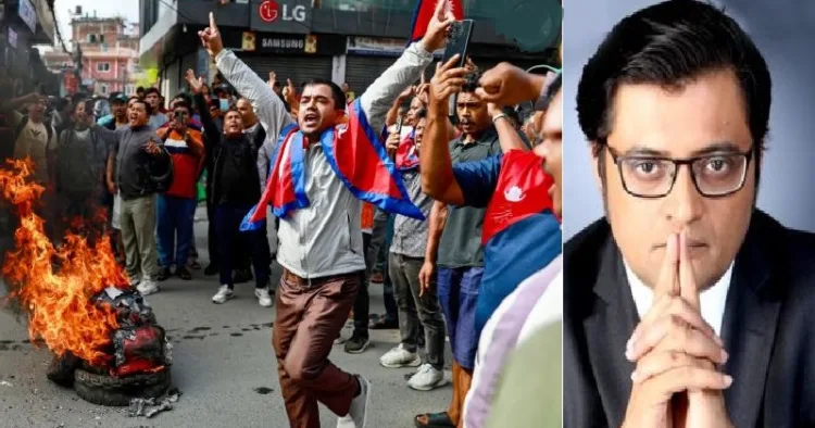 നേപ്പാളിലെ കലാപം (ഇടത്ത്) റിപ്പബ്ലിക് ടിവി ചാനല്‍ എഡിറ്റര്‍ അര്‍ണബ് ഗോസ്വാമി (വലത്ത്)