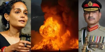 പാകിസ്ഥാന്‍ ഖൈബര്‍ പഷ്തൂണ്‍ ക്വായില്‍ വര്‍ഷിച്ച എട്ട് ലേസര്‍ ഗൈഡഡ് ഗ്ലൈഡിംഗ് ബോംബ് പൊട്ടിത്തെറിക്കുന്നു (നടുവില്‍) അരുന്ധതീ റോയി (ഇടത്ത്) അസിം മുനീര്‍ (വലത്ത്)