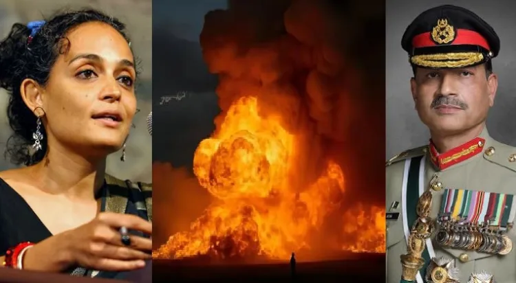 പാകിസ്ഥാന്‍ ഖൈബര്‍ പഷ്തൂണ്‍ ക്വായില്‍ വര്‍ഷിച്ച എട്ട് ലേസര്‍ ഗൈഡഡ് ഗ്ലൈഡിംഗ് ബോംബ് പൊട്ടിത്തെറിക്കുന്നു (നടുവില്‍) അരുന്ധതീ റോയി (ഇടത്ത്) അസിം മുനീര്‍ (വലത്ത്)