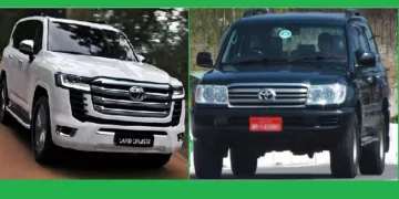 വര്‍ക്ക് ഷോപ്പില്‍ മിനുക്കിയെടുത്ത ഭൂട്ടാനില്‍ നിന്നും കൊണ്ടുവന്ന ലാന്‍ഡ് ക്രൂസര്‍ (ഇടത്ത്) ഭൂട്ടാന്‍ ആര്‍മിയുടെ ലാന്‍ഡ് ക്രൂസര്‍ (വലത്ത്)