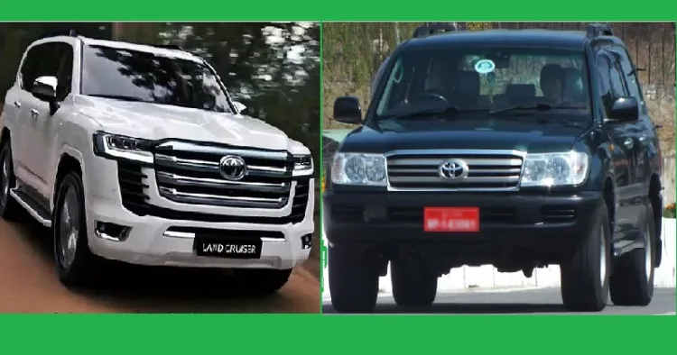 വര്‍ക്ക് ഷോപ്പില്‍ മിനുക്കിയെടുത്ത ഭൂട്ടാനില്‍ നിന്നും കൊണ്ടുവന്ന ലാന്‍ഡ് ക്രൂസര്‍ (ഇടത്ത്) ഭൂട്ടാന്‍ ആര്‍മിയുടെ ലാന്‍ഡ് ക്രൂസര്‍ (വലത്ത്)