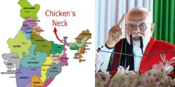 ഇന്ത്യന്‍ ഭൂപടത്തില്‍ ഏഴ് വടക്കുകിഴക്കന്‍ സംസ്ഥാനങ്ങളെ ഇന്ത്യയുടെ ബാക്കി ഭാഗങ്ങളുമായി ബന്ധിപ്പിക്കുന്ന കോഴിക്കഴുത്തെന്ന് വിശേഷിപ്പിക്കുന്ന സിലിഗുരി (ഇടത്ത്) മോദി മണിപ്പൂരില്‍ പ്രസംഗിക്കുന്നു (വലത്ത്)