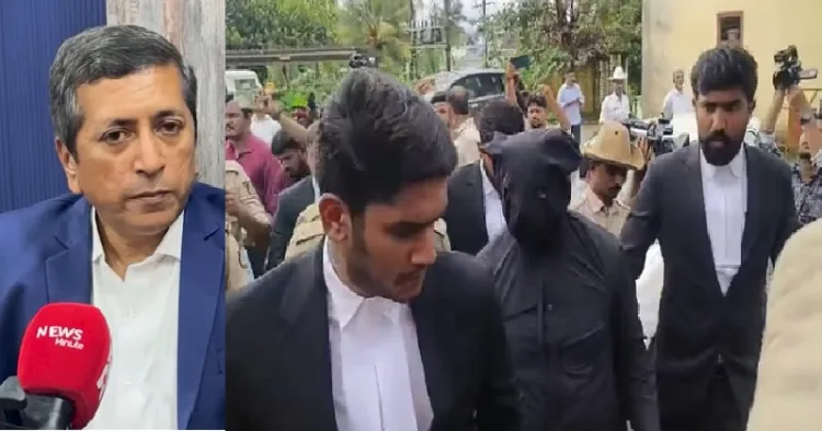 ധര്‍മ്മസ്ഥല കേസില്‍ മുഖംമൂടി മനുഷ്യന് വേണ്ടി നിലകൊണ്ട അഭിഭാഷകനായ കെ.വി. ധനഞ്ജയ് (ഇടത്ത്) മറ്റ് യുവ അഭിഭാഷകര്‍ മുഖംമൂടി മനുഷ്യനെയും കൊണ്ട് തെളിവെടുപ്പിന് പോകുന്നു (വലത്ത്)