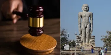 ധര്‍മ്മസ്ഥല ശ്രീ ക്ഷേത്രത്തിന് മുന്നില്‍ സ്ഥാപിച്ചിരിക്കുന്ന ഒറ്റക്കല്ലില്‍ കൊത്തിയ ബാഹുബലി പ്രതിമ (വലത്ത്)