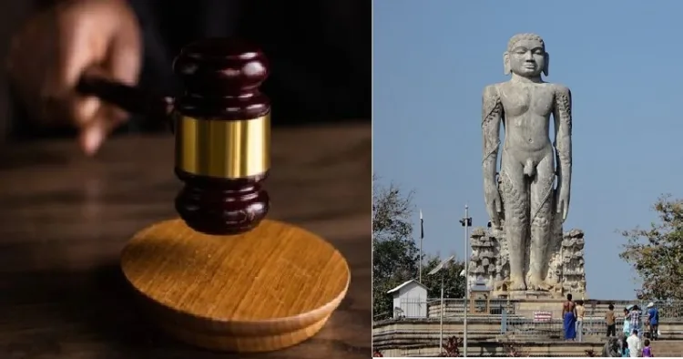 ധര്‍മ്മസ്ഥല ശ്രീ ക്ഷേത്രത്തിന് മുന്നില്‍ സ്ഥാപിച്ചിരിക്കുന്ന ഒറ്റക്കല്ലില്‍ കൊത്തിയ ബാഹുബലി പ്രതിമ (വലത്ത്)