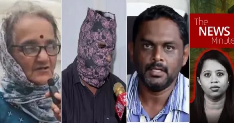 വ്യാജകഥ പറഞ്ഞ സുജാത് ഭട്ട്, നുണക്കഥ പരത്തിയ ശുചീകരണത്തൊഴിലാളിയായ മുഖംമൂടി മനുഷ്യന്‍, തുടക്കം മുതലേ യൂട്യൂബര്‍മാര്‍ ധര്‍മ്മസ്ഥലയെക്കുറിച്ച് പറഞ്ഞ കൂട്ടക്കൊലപാതകക്കഥകള്‍ പത്ത് മടങ്ങ് പരിത്തിയ ലോറി ഉടമ മനാഫ്, ശുചീകരണത്തൊഴിലാളി പറഞ്ഞ നുണക്കഥകള്‍ അതേ പടി വള്ളിപുള്ളിവിടാതെ പ്രസിദ്ധീകരിച്ച മാധ്യമധര്‍മ്മം പുലര്‍ത്താത്ത ന്യൂസ് മിനിറ്റ് വാര്‍ത്താ വെബ്സൈറ്റ് (ഇടത്ത് നിന്നും വലത്തോട്ട്)