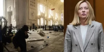 പലസ്തീനും ഗാസയ്ക്കും അനുകൂലമായി സമരം നടത്തുന്നവരെ ഇറ്റലിയിലെ പൊലീസുകാര്‍ ജലപീരങ്കി കൊണ്ട് നേരിടുന്നു (ഇടത്ത്) ഇറ്റലിയുടെ പ്രധാനമന്ത്രി ജോര്‍ജ്ജിയോ മെലനി (വലത്ത്)