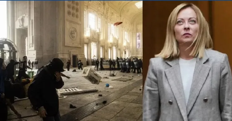 പലസ്തീനും ഗാസയ്ക്കും അനുകൂലമായി സമരം നടത്തുന്നവരെ ഇറ്റലിയിലെ പൊലീസുകാര്‍ ജലപീരങ്കി കൊണ്ട് നേരിടുന്നു (ഇടത്ത്) ഇറ്റലിയുടെ പ്രധാനമന്ത്രി ജോര്‍ജ്ജിയോ മെലനി (വലത്ത്)