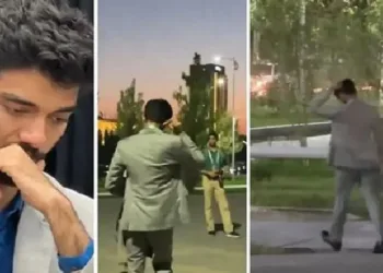 തുടര്‍ച്ചയായ തോല്‍വിയില്‍ നിരാശപൂണ്ട് ഗുകേഷ് (ഇടത്ത്) ഉസ്ബെകിസ്ഥാനിലെ സമര്‍ഖണ്ഡില്‍ നിന്നും ദേഷ്യത്തോടെ ഇറങ്ങിപ്പോകുന്ന ഗുകേഷ് (വലത്ത്)