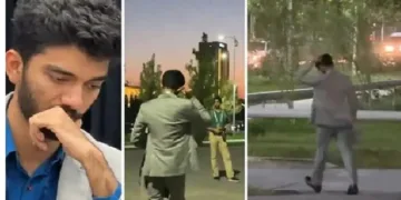 തുടര്‍ച്ചയായ തോല്‍വിയില്‍ നിരാശപൂണ്ട് ഗുകേഷ് (ഇടത്ത്) ഉസ്ബെകിസ്ഥാനിലെ സമര്‍ഖണ്ഡില്‍ നിന്നും ദേഷ്യത്തോടെ ഇറങ്ങിപ്പോകുന്ന ഗുകേഷ് (വലത്ത്)