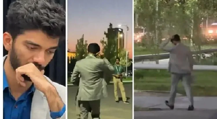 തുടര്‍ച്ചയായ തോല്‍വിയില്‍ നിരാശപൂണ്ട് ഗുകേഷ് (ഇടത്ത്) ഉസ്ബെകിസ്ഥാനിലെ സമര്‍ഖണ്ഡില്‍ നിന്നും ദേഷ്യത്തോടെ ഇറങ്ങിപ്പോകുന്ന ഗുകേഷ് (വലത്ത്)