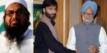 പാക് ഭീകരസംഘടനയായ ലഷ്കര്‍ ഈ ത്വയിബയുടെ നേതാവ് ഹഫീസ് സയിദ് (ഇടത്ത്) ജമ്മുകശ്മീരിലെ ഭീകരന്‍ യാസിന്‍ മാലിക് 2006ല്‍ പ്രധാനമന്ത്രിയായിരുന്ന മന്‍മോഹന്‍ സിങ്ങിനെ കാണുന്നു (വലത്ത്)