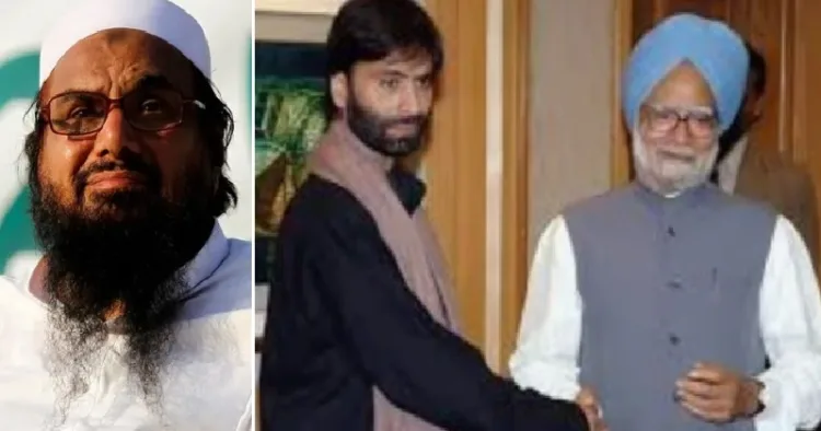 പാക് ഭീകരസംഘടനയായ ലഷ്കര്‍ ഈ ത്വയിബയുടെ നേതാവ് ഹഫീസ് സയിദ് (ഇടത്ത്) ജമ്മുകശ്മീരിലെ ഭീകരന്‍ യാസിന്‍ മാലിക് 2006ല്‍ പ്രധാനമന്ത്രിയായിരുന്ന മന്‍മോഹന്‍ സിങ്ങിനെ കാണുന്നു (വലത്ത്)