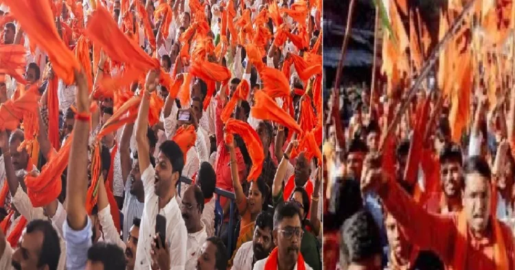 കര്‍ണ്ണാടകയില്‍ നടന്ന ധര്‍മ്മസ്ഥല ചലോ റാലി (ഇടത്ത്) ഗണേശോത്സവത്തിനെതിരെ നടന്ന ആക്രമണത്തില്‍ പ്രതിഷേധിച്ച് നടന്ന മാണ്ഡ്യ റാലി (വലത്ത്)