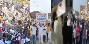 യുപിയിലെ‍ ബറേലിയില്‍ നടന്ന എ ലവ് മുഹമ്മദ് മാര്‍ച്ച് അക്രമാസക്തമാകുന്നു (ഇടത്ത്) യുപിയിലെ കാണ്‍പൂര്‍, ലഖ്നോ, ബഹ്റോച്ച് എന്നീ നഗരങ്ങളല്‍ നടന്ന മാര്‍ച്ചുകള്‍ (വലത്ത്)