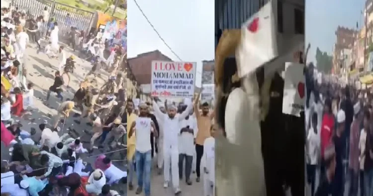 യുപിയിലെ‍ ബറേലിയില്‍ നടന്ന എ ലവ് മുഹമ്മദ് മാര്‍ച്ച് അക്രമാസക്തമാകുന്നു (ഇടത്ത്) യുപിയിലെ കാണ്‍പൂര്‍, ലഖ്നോ, ബഹ്റോച്ച് എന്നീ നഗരങ്ങളല്‍ നടന്ന മാര്‍ച്ചുകള്‍ (വലത്ത്)